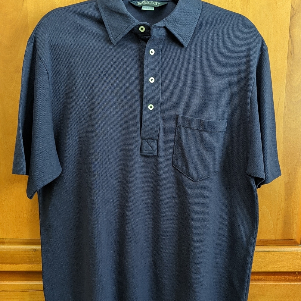 Vintage Lands End Navy Blue Polo Shirt 100% Cotton Made in USA  Size L w/Pocket